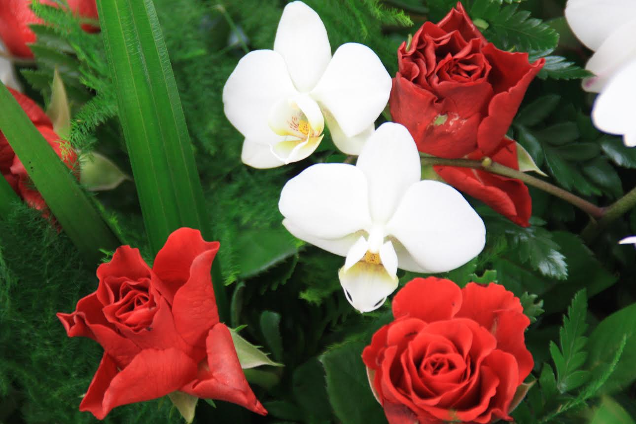 Rouwbloemstuk met Rozen rood en Orchideeën